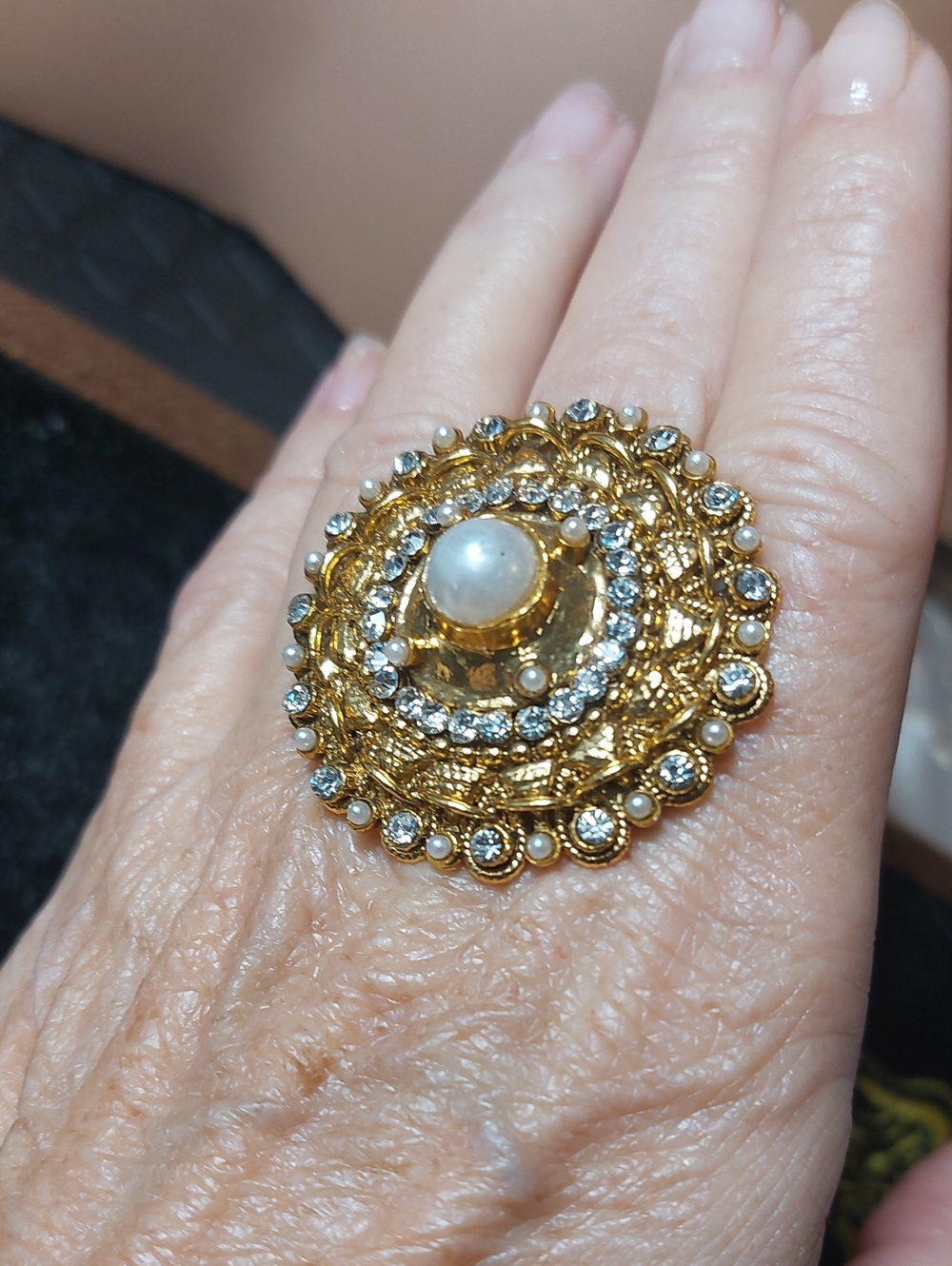 Goldtone Faux Pearl Rhinestone Statement Ring Adjustable